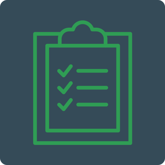 An icon representing an a clipboard with a checklist on a dark background.