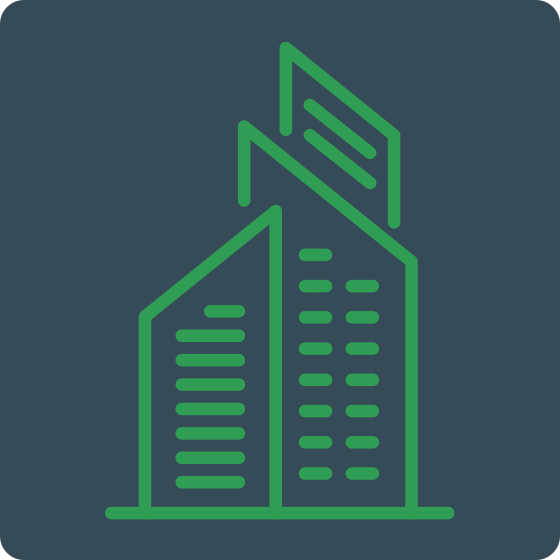 An icon representing a modern high-rise building on a dark background.