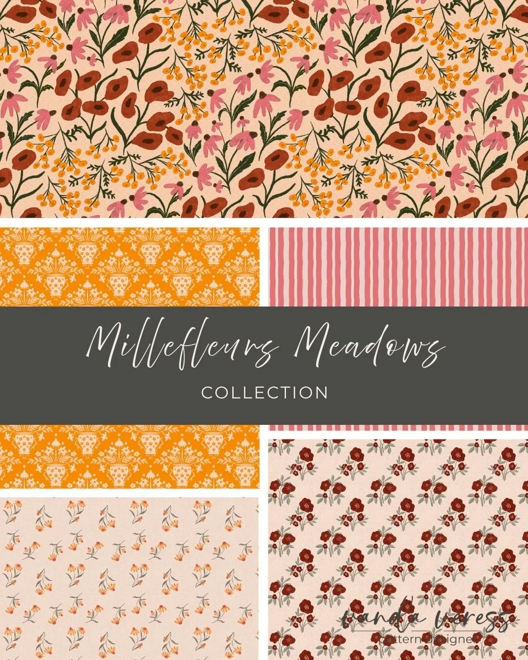 You know that feeling of walking through a sunlit meadow in late summer? 🌼⁣
That&rsquo;s exactly what I wanted to capture with this warm colorway of my Millefleurs Meadows collection &mdash; soft reds, golden tones, and tiny scattered florals everyw