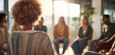 Eine Gruppe Menschen sitzt in einem Kreis bei einem Treffen oder einer Diskussion, im Vordergrund eine Frau mit lockigem Haar.