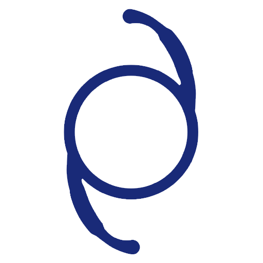 A minimalist blue line drawing of a pair of eyeglasses on a black background.