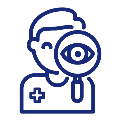 Icon of a healthcare worker wearing a mask and holding a magnifying glass with an eye symbol, representing health inspection or eye care.