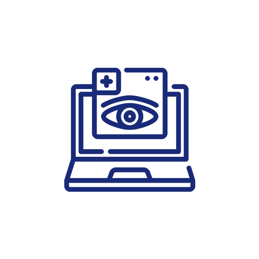 Icon of a laptop with an eye on a screen window and a plus sign, and another window behind it, representing surveillance or biometric technology.