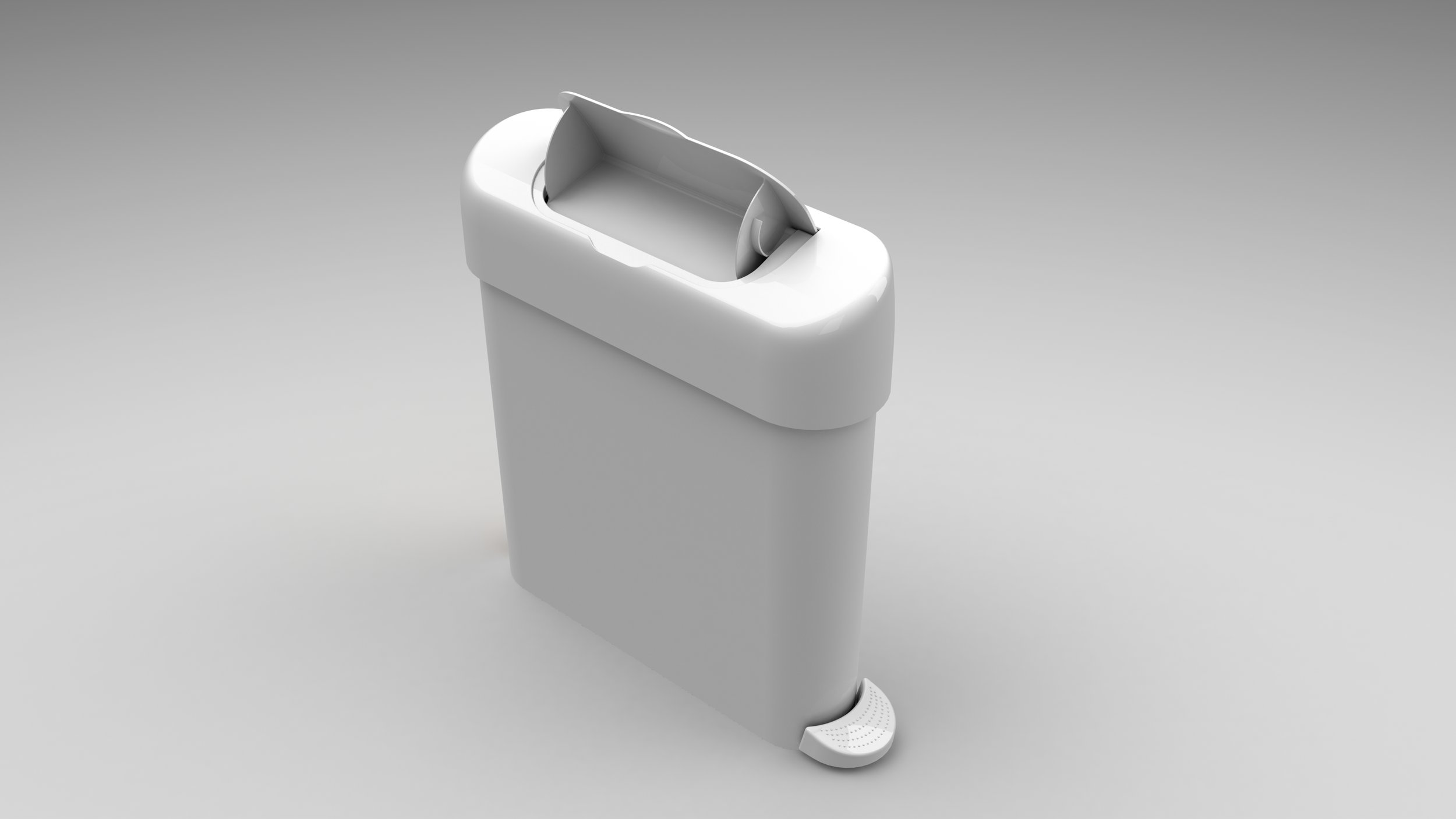 A white modern automatic trash bin with a semi-open lid on a gray background.