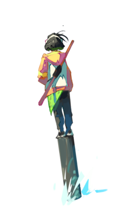 Une personne portant un casque de réalité virtuelle, debout sur un hoverboard, tenant une longue baguette ou un bâton