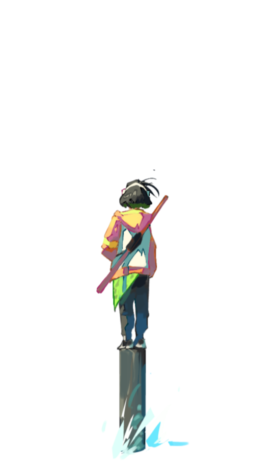 Une personne debout sur une perche au-dessus de l'eau, vue de dos, portant un sac à dos et un bâton, avec un manteau jaune et un pantalon bleu.