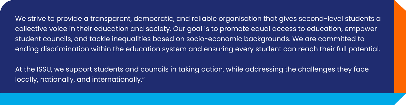 A block of text about educational equity and student support, with a dark blue background and an orange and cyan border at the edges.