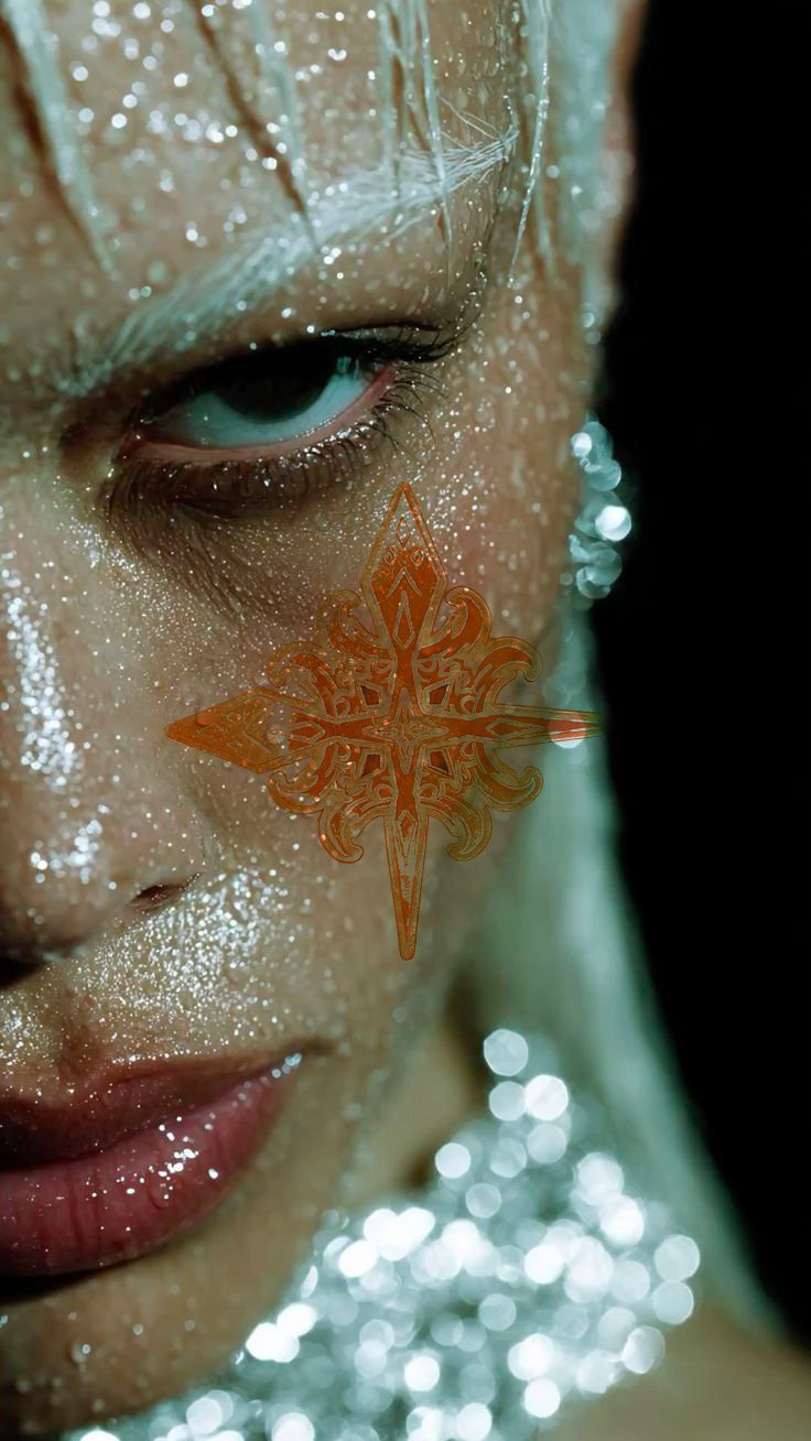Un gros plan du visage d'une personne avec de la glace sur la peau, un tatouage en forme d'étoile ou de croix sur la joue, et des reflets lumineux dans le fond.
