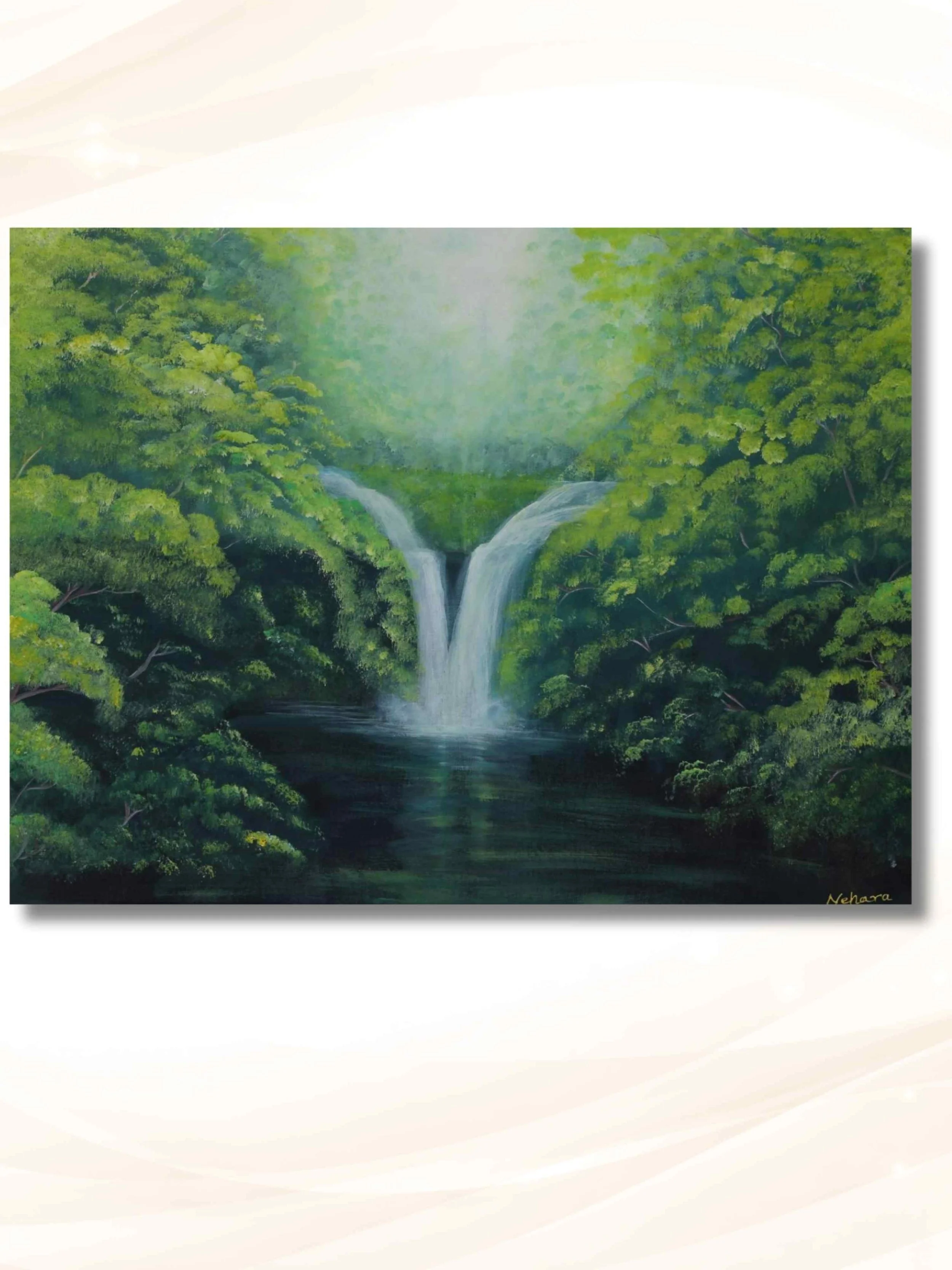 GREEN FOREST WATERFALL - Original Acrylic Painting