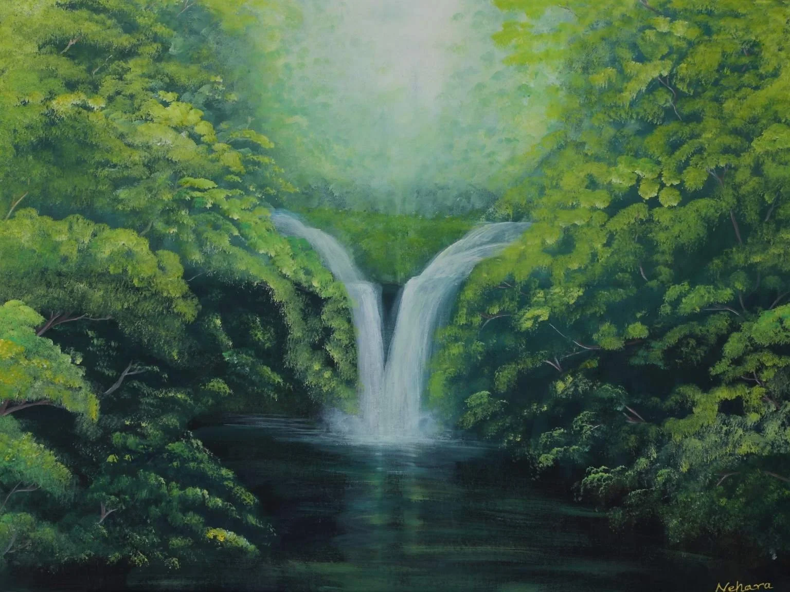 A painting of a lush green forest with a waterfall cascading into a dark river