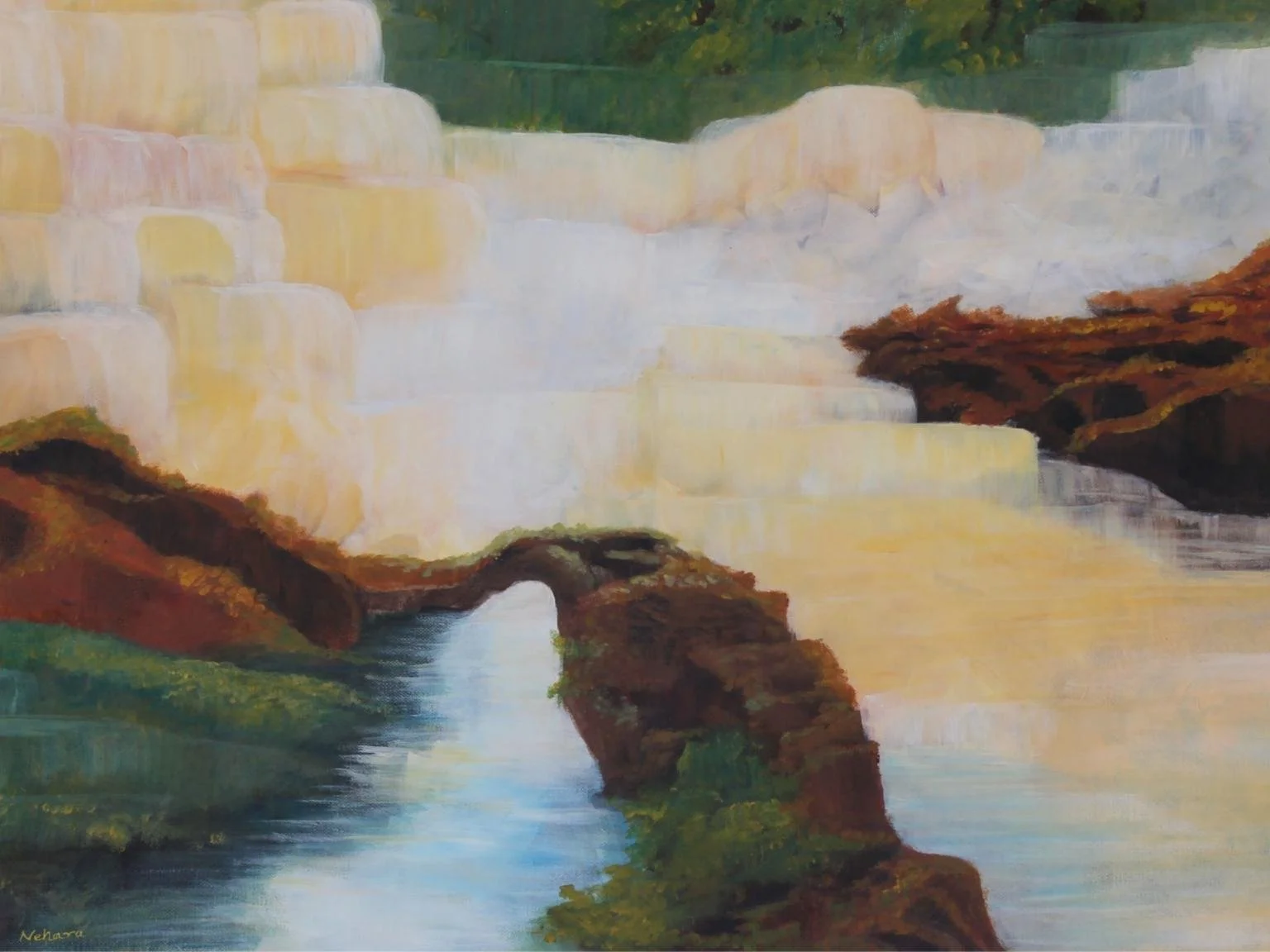 Painting of a natural landscape with a waterfall, rocky formations, and greenery, resembling the Horseshoe Bend.
