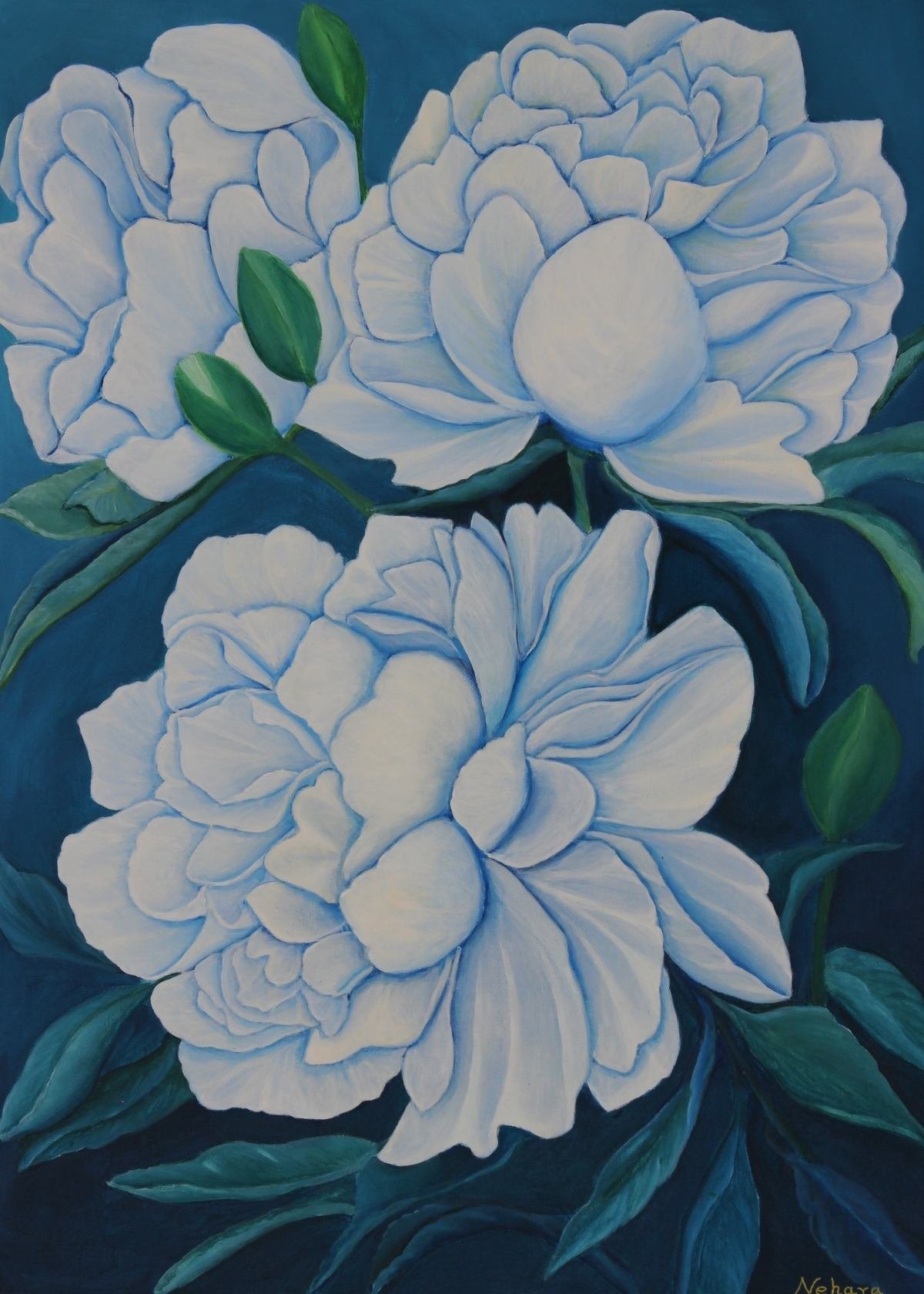 WHITE PEONIES ON BLUE - Original Acrylic Painting