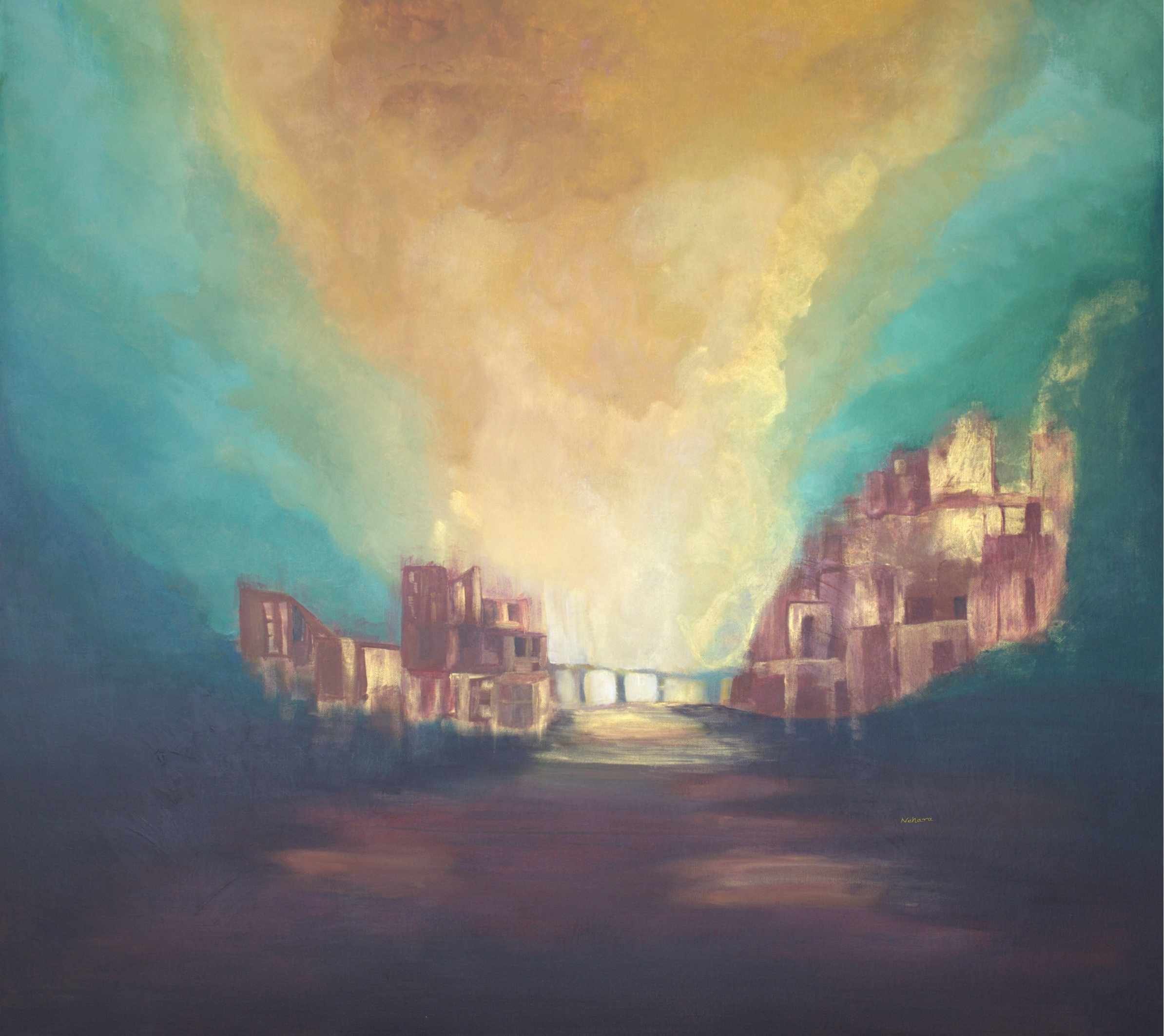 Original abstract acrylic painting titled Where Light Begins, featuring layered earth browns, luminous golds, soft creams, and turquoise blue flowing through an organic landscape.