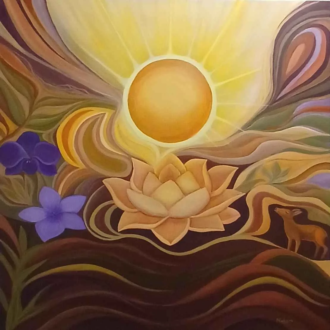 36 x 36 inch (91 x 91 cm) Original abstract painting titled "Synthesis" from the Solaris & Luna series. The artwork features a central golden lotus surrounded by layered warm golds, radiant yellows, rich browns, and deep purples, symbolising balance