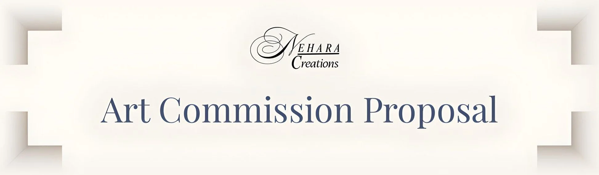 A white invitation ticket with the words "Art Commission Proposal" printed on it, and the logo and name "Nehara Creations" at the top.
