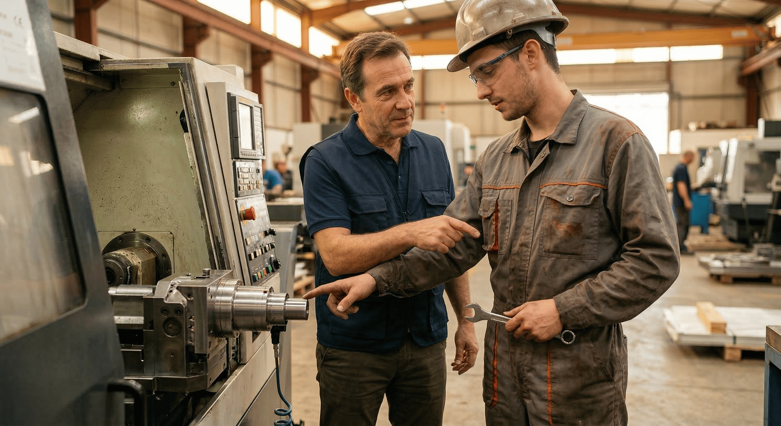 Deux hommes travaillent dans une usine avec une machine-outil. L'un d'eux, plus âgé, explique quelque chose à l'autre, qui porte un casque de sécurité et tient une clé à molette.