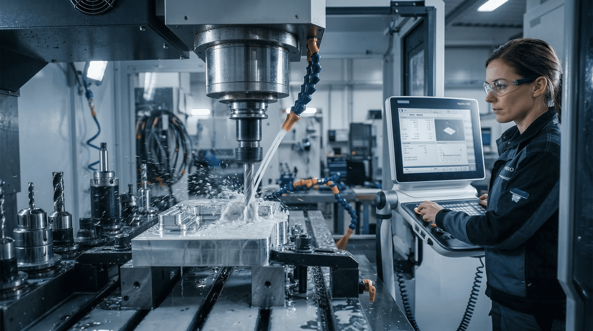 Une femme travaille dans une usine utilisant une machine à commande numérique. Elle contrôle la machine en utilisant un clavier et un écran d'ordinateur, avec un environnement industriel en arrière-plan.