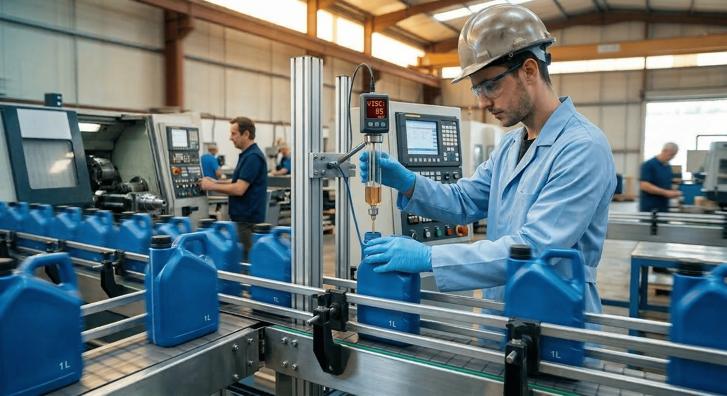 Un ingénieur dans une usine remplissant des récipients en plastique avec une substance liquide à l'aide d'un équipement automatisé.