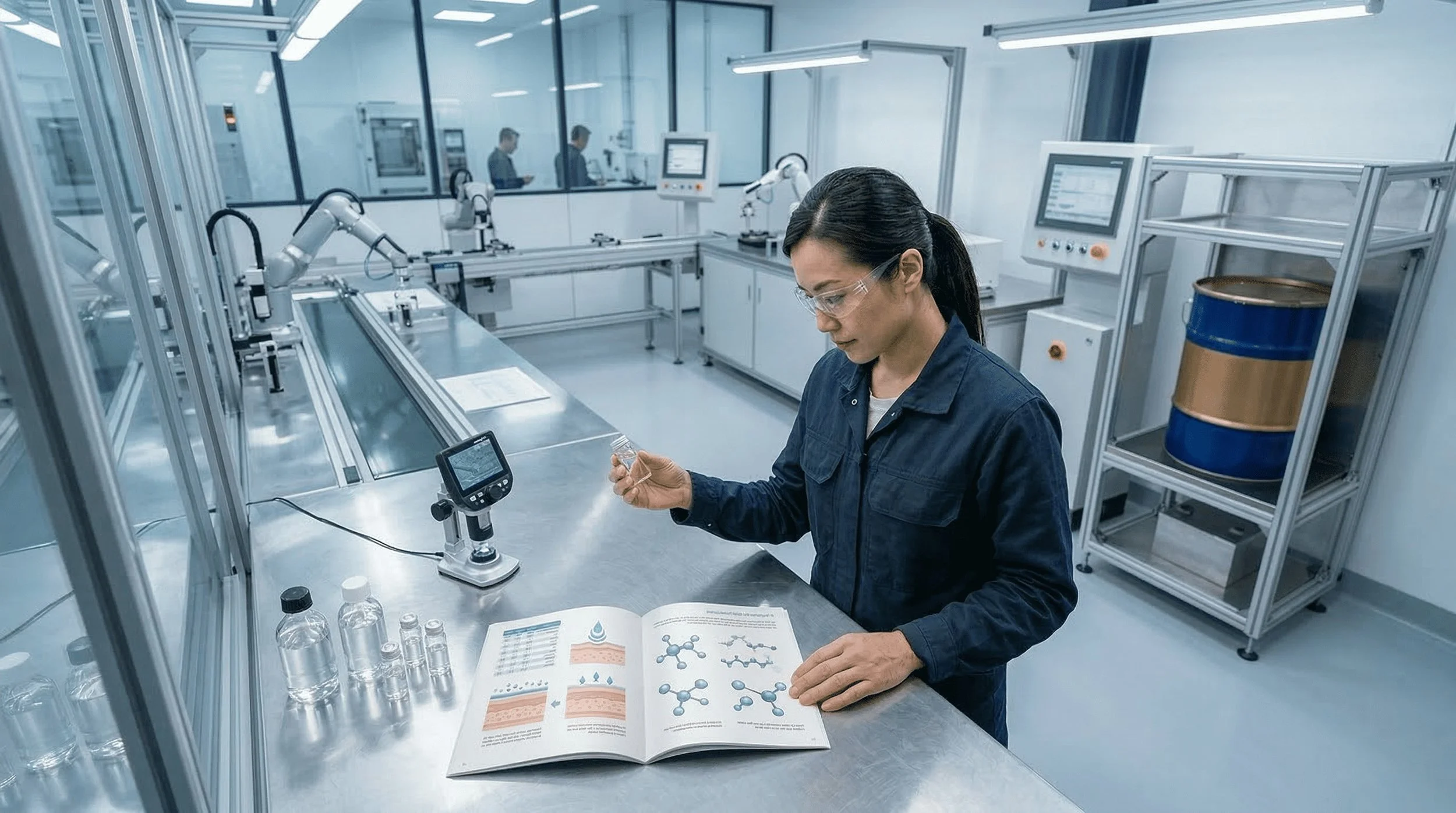 Une femme en blouse de laboratoire inspecte un échantillon dans un laboratoire scientifique moderne avec des machines automatisées et des documents de recherche sur la table.