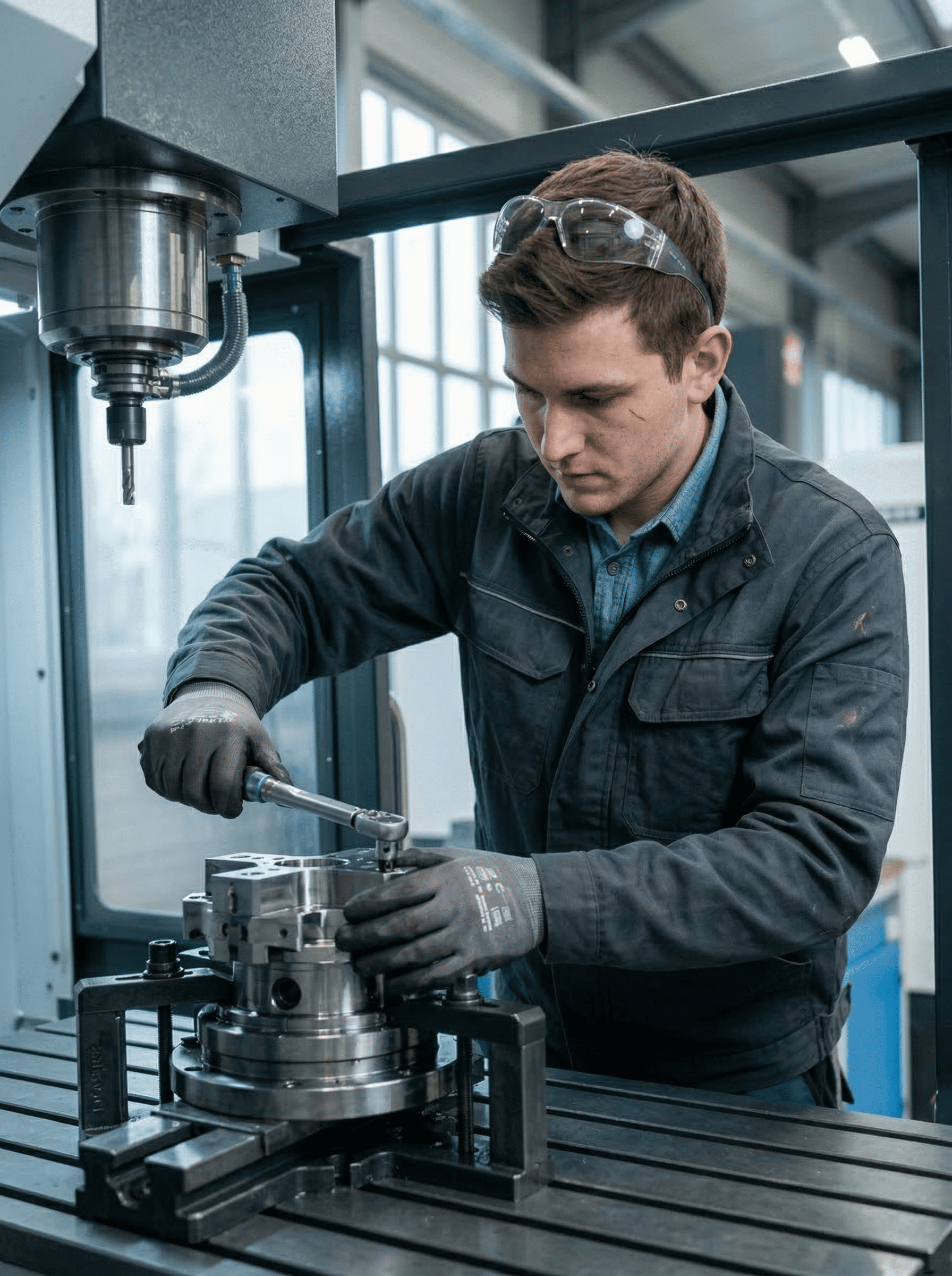 Un homme travaillant dans une usine ou un atelier, portant des lunettes de protection, manipulant un outil sur une pièce métallique.