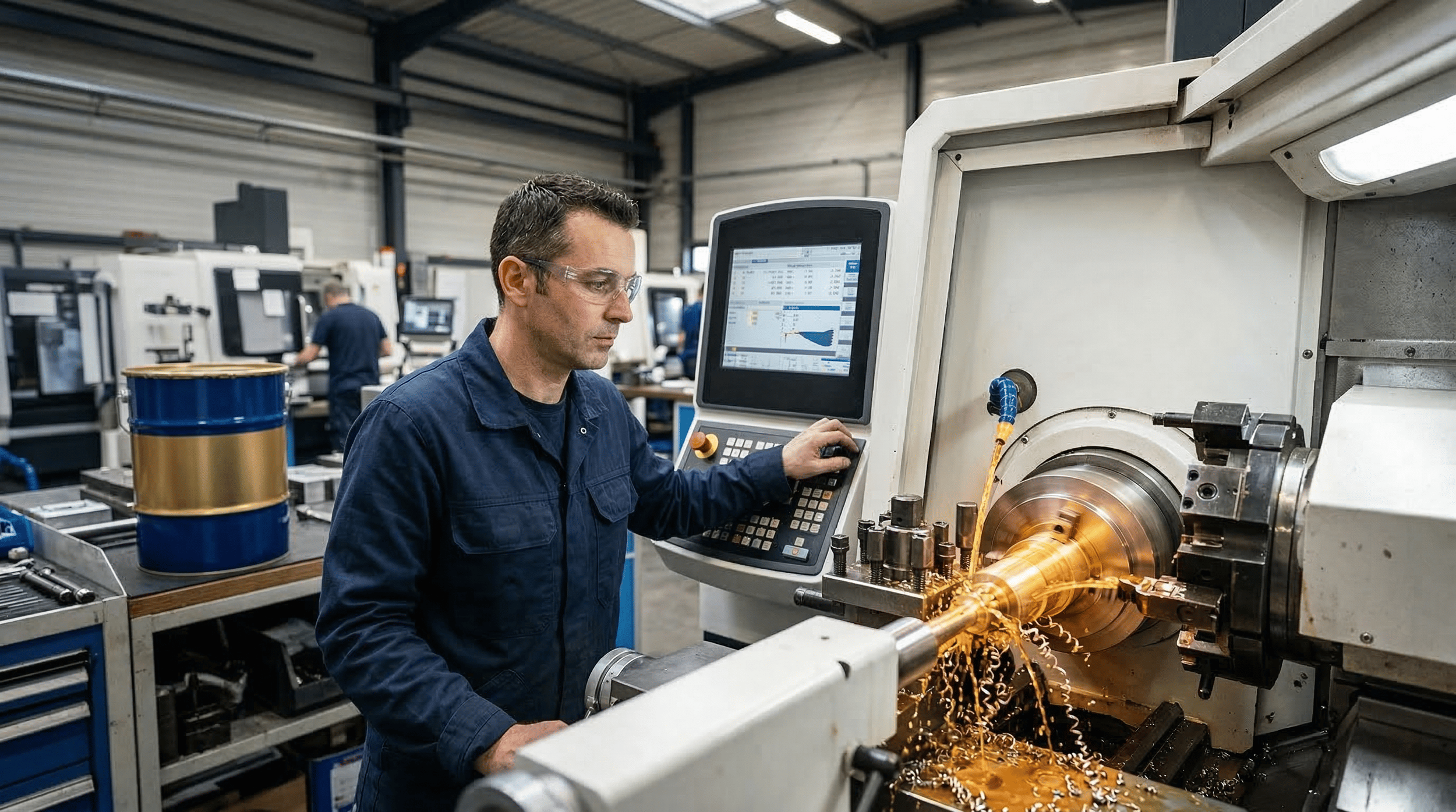 Un homme dans une usine de fabrication utilise une machine de coupe, avec des copeaux de métal en train d'être usinés.