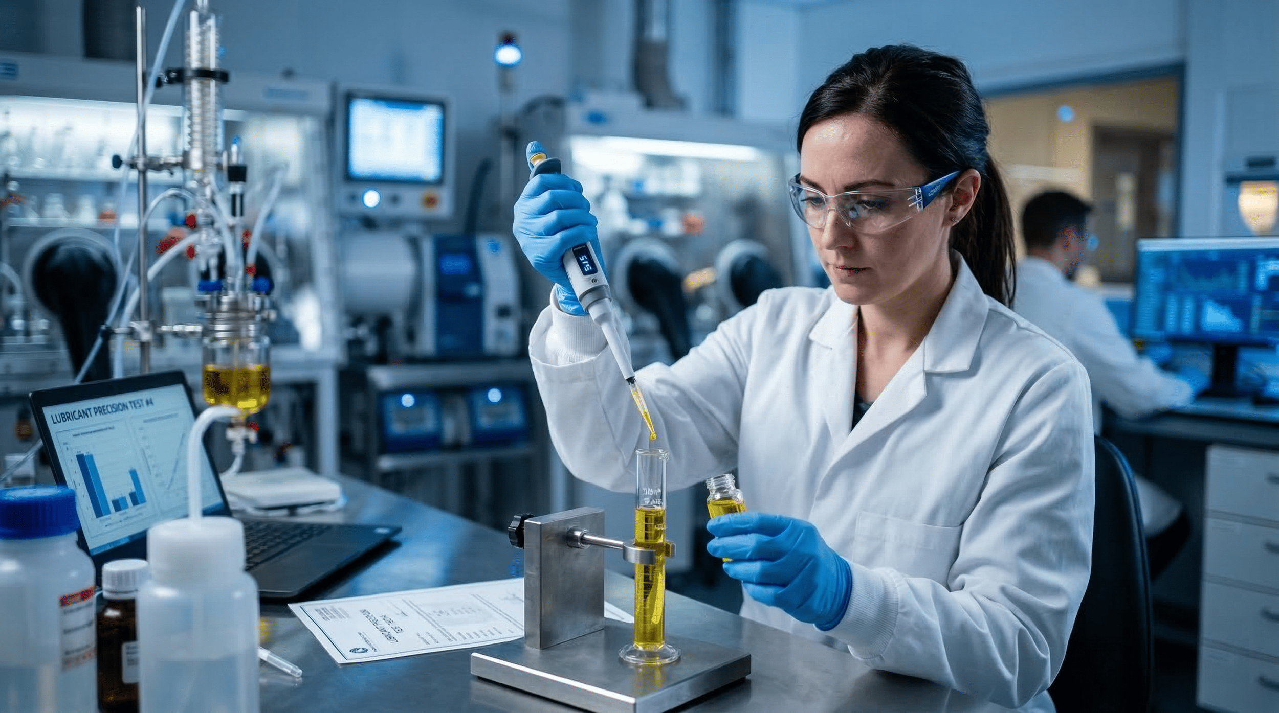 Une femme scientifique portant une blouse blanche, des lunettes de protection et des gants bleus effectue une expérience en laboratoire, utilisant une pipette pour transférer un liquide jaune dans un tube à essai.