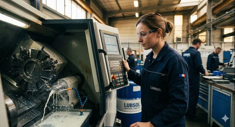 Une femme ingénieure travaille sur une machine de coupe dans une usine, portant des lunettes de sécurité et un uniforme avec un drapeau français.