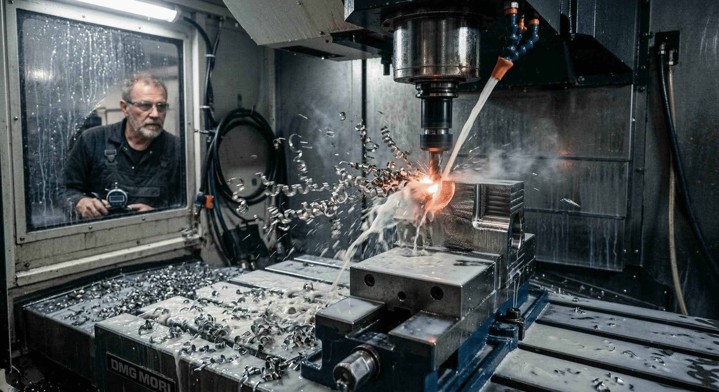 Un homme observe un processus de fabrication dans une machine à commande numérique, avec des copeaux d'aluminium volant autour lors du fraisage d'une pièce en métal.