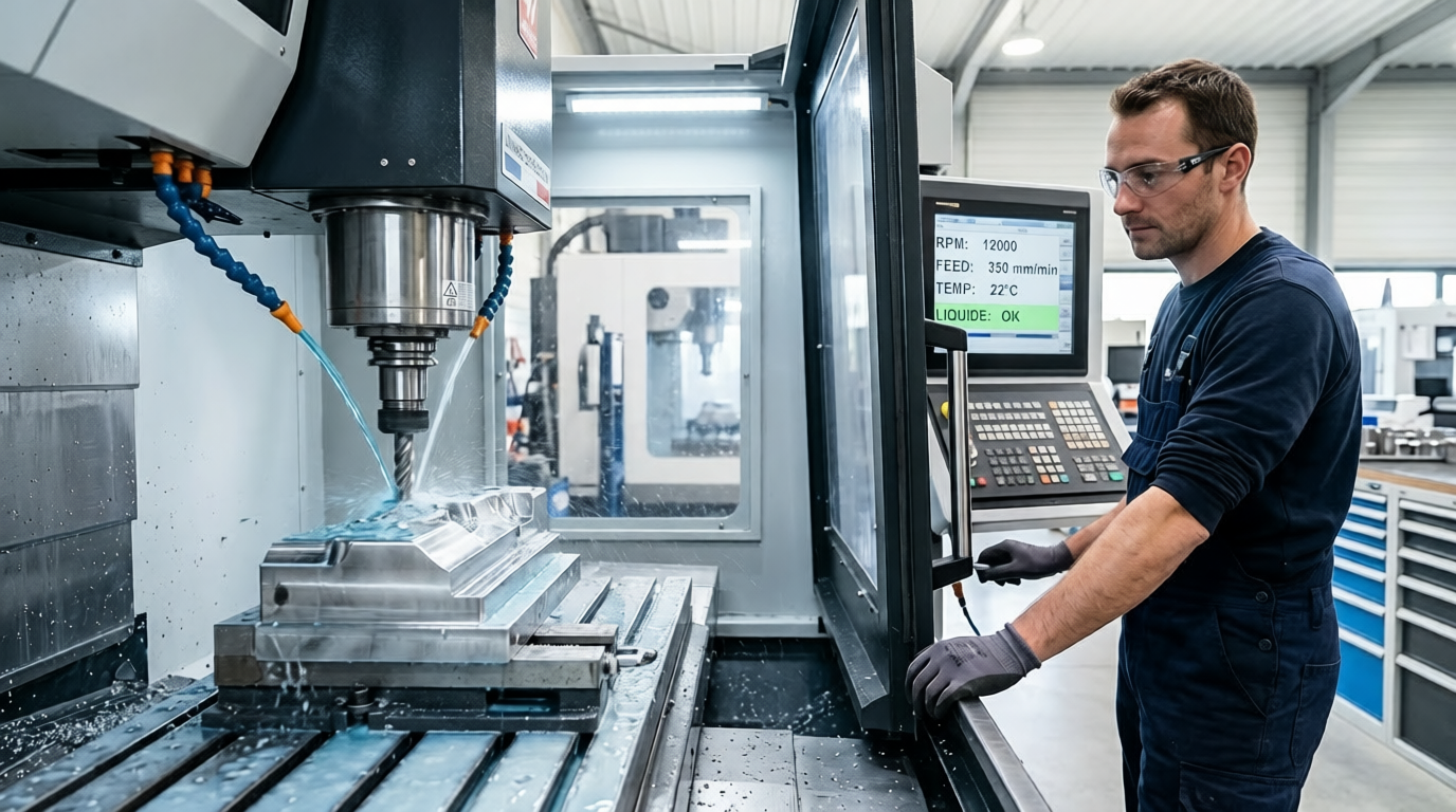 Un technicien en usine utilisant une machine CNC pour usiner une pièce métallique.