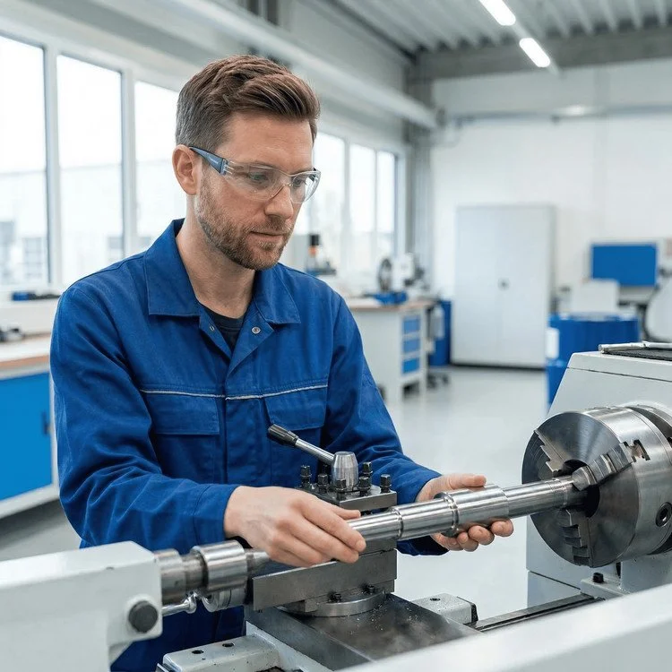 Un homme en tenue de travail et lunettes de sécurité travaille sur une machine de coupe dans un atelier mécanique moderne.