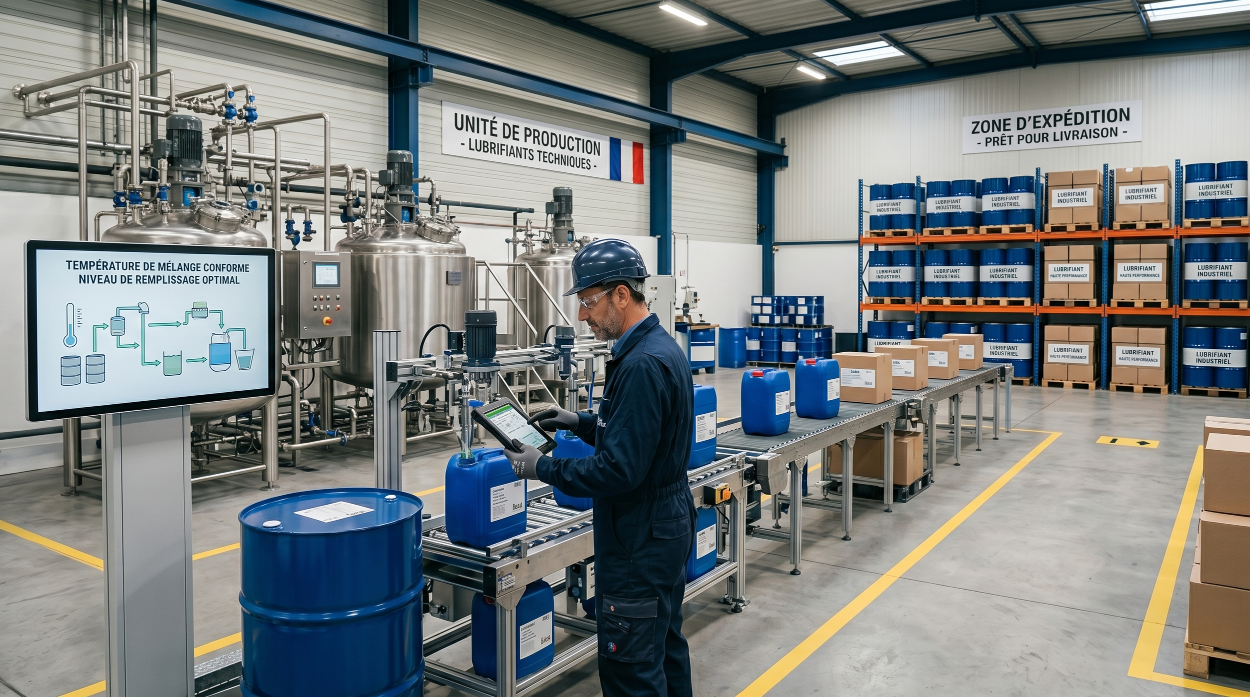 Un homme portant un casque de sécurité et des gants travaille avec un appareil de contrôle dans une usine de lubrifiants, avec des gros bidons bleus et des étagères remplies de bidons de lubrifiants industriels.