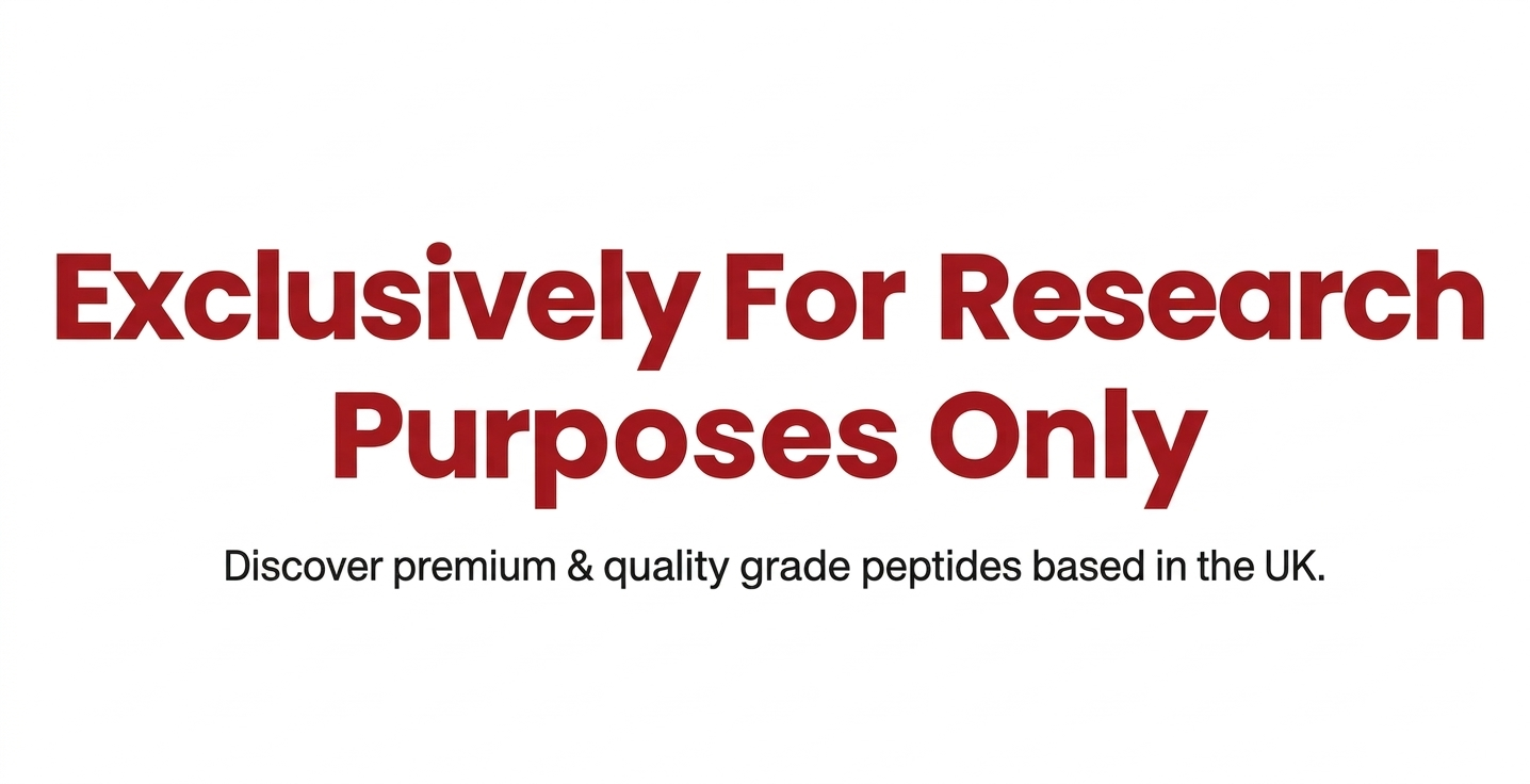 Red text on a white background that says, "Exclusively For Research Purposes Only" with smaller black text below that says, "Discover premium & quality grade peptides based in the UK."