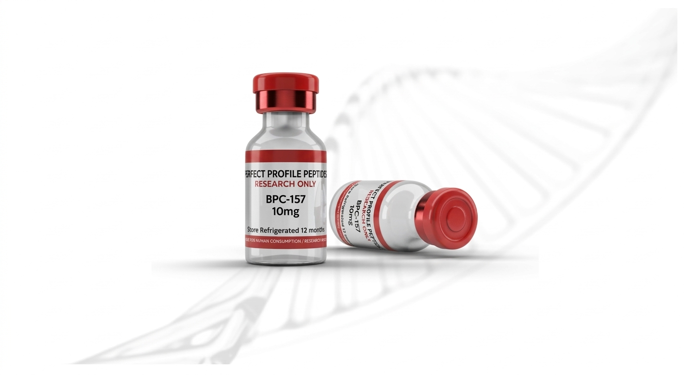 Two vials labeled 'Perfect Profile Peptide, Research Only, BPC-157 10mg' with red caps on a white background, with a faint DNA helix illustration in the background.