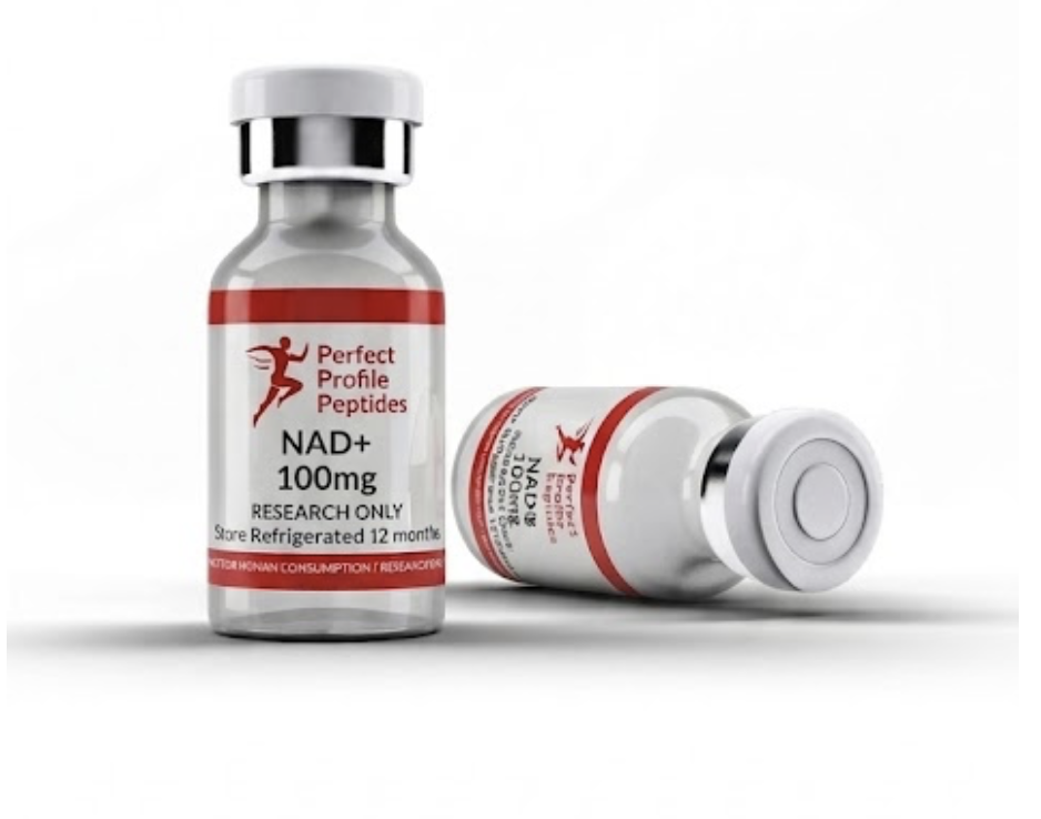 Two bottles labeled 'Perfect Profile Peptides NAD+ 100mg,' with one bottle standing upright and the other lying on its side against a white background.