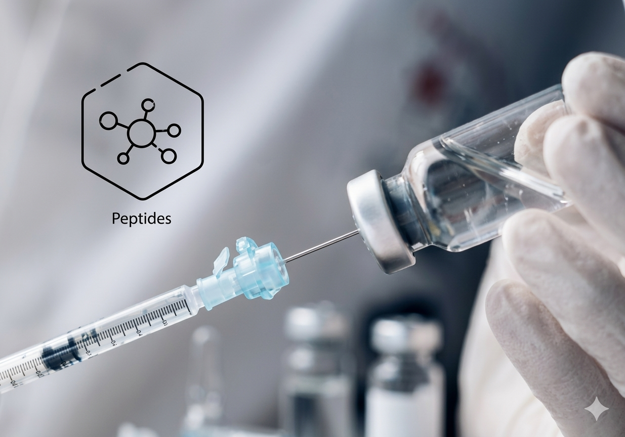 A scientist in gloves prepares a syringe with a liquid from a small glass vial in a laboratory setting. The image includes an overlay graphic of a chemical structure labeled "Peptides."