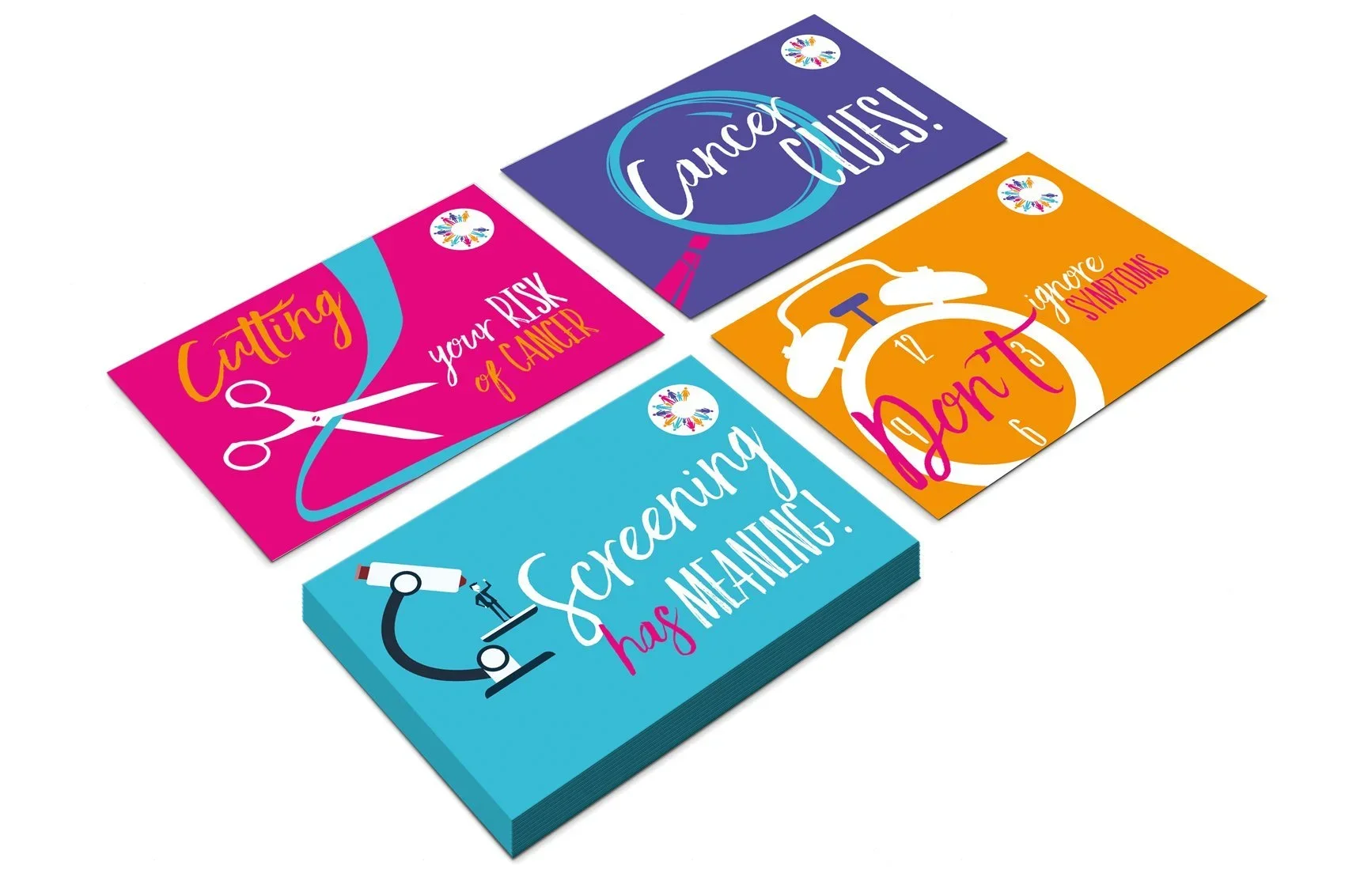 Four colorful cards with health-related messages about cancer, screening, and symptoms. Each card has bold, playful text and icons, including scissors, a telephone, and a microscope.