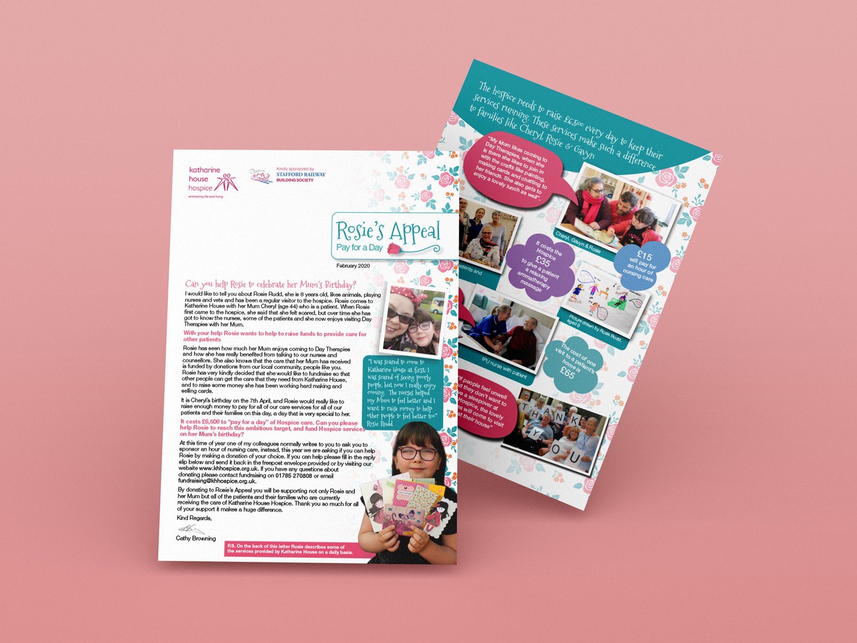 Two folded brochures for Rosie’s Appeal, a charity event by Katharine House Hospice. The first brochure features a pink and white design with a photo of a girl holding a card, and text about helping Rosie celebrate her mum’s birthday and raising funds for hospice services. The second brochure displays a blue and pink theme with photos of people engaging in activities and fundraising events, showing different donation amounts and services offered.