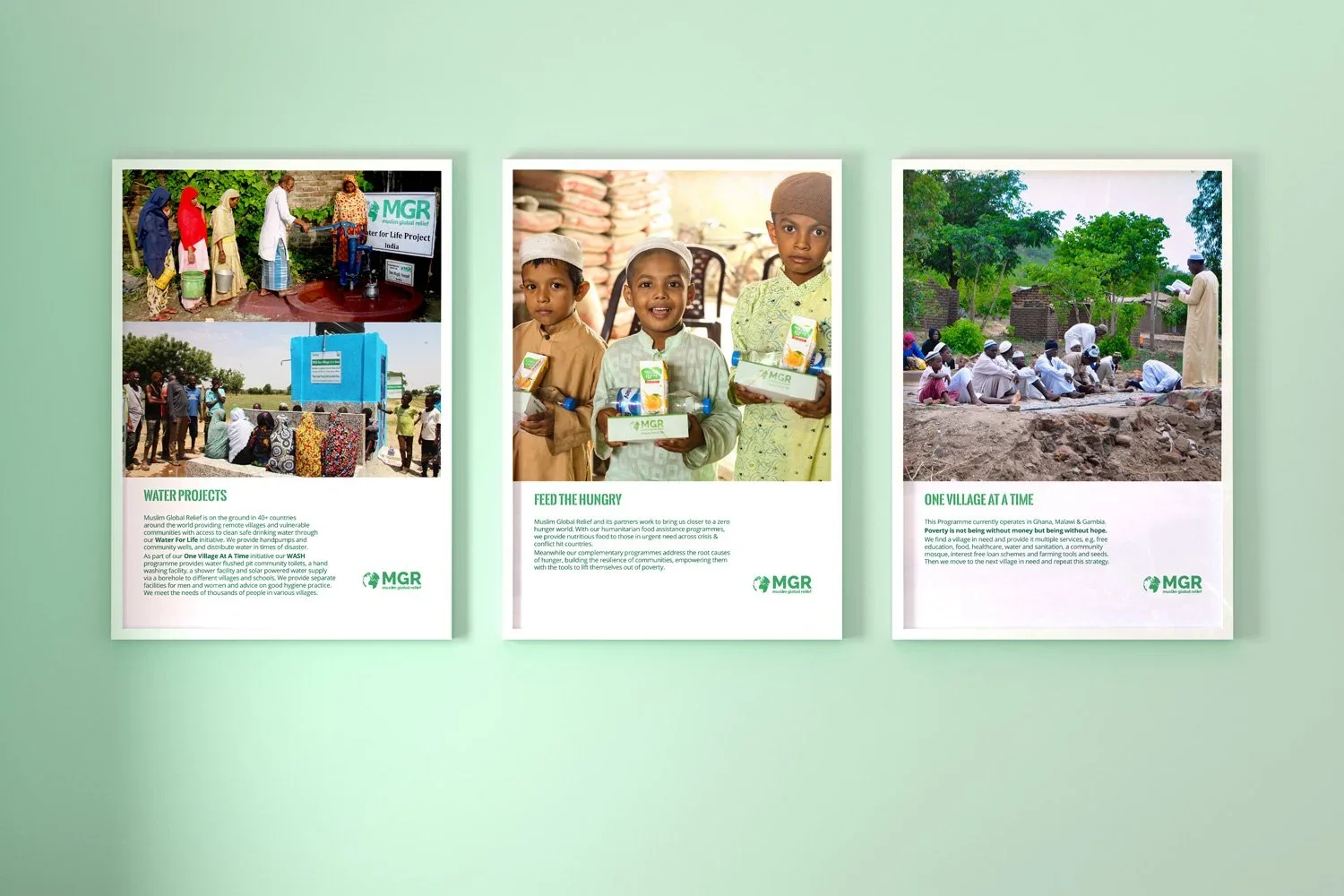 Three informational posters about water projects and humanitarian aid from Muslim Global Relief, featuring images of aid work, children receiving aid, and a village scene with people gathered for prayer or community activities.