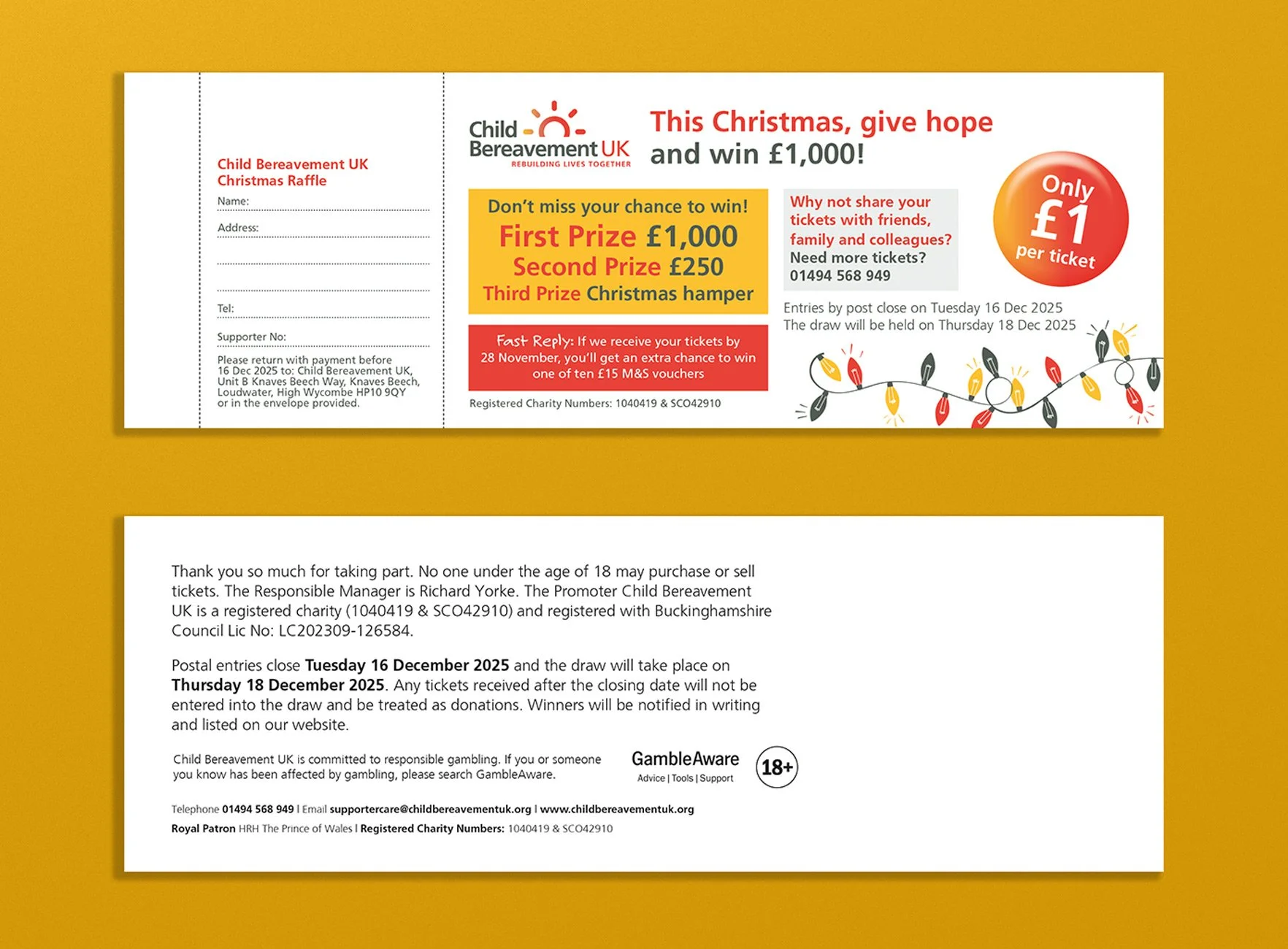 A Christmas raffle ticket from Child Bereavement UK with details on how to participate, including ticket prices and prize information, and a separate informational card underneath with charity information, rules, and contact details.