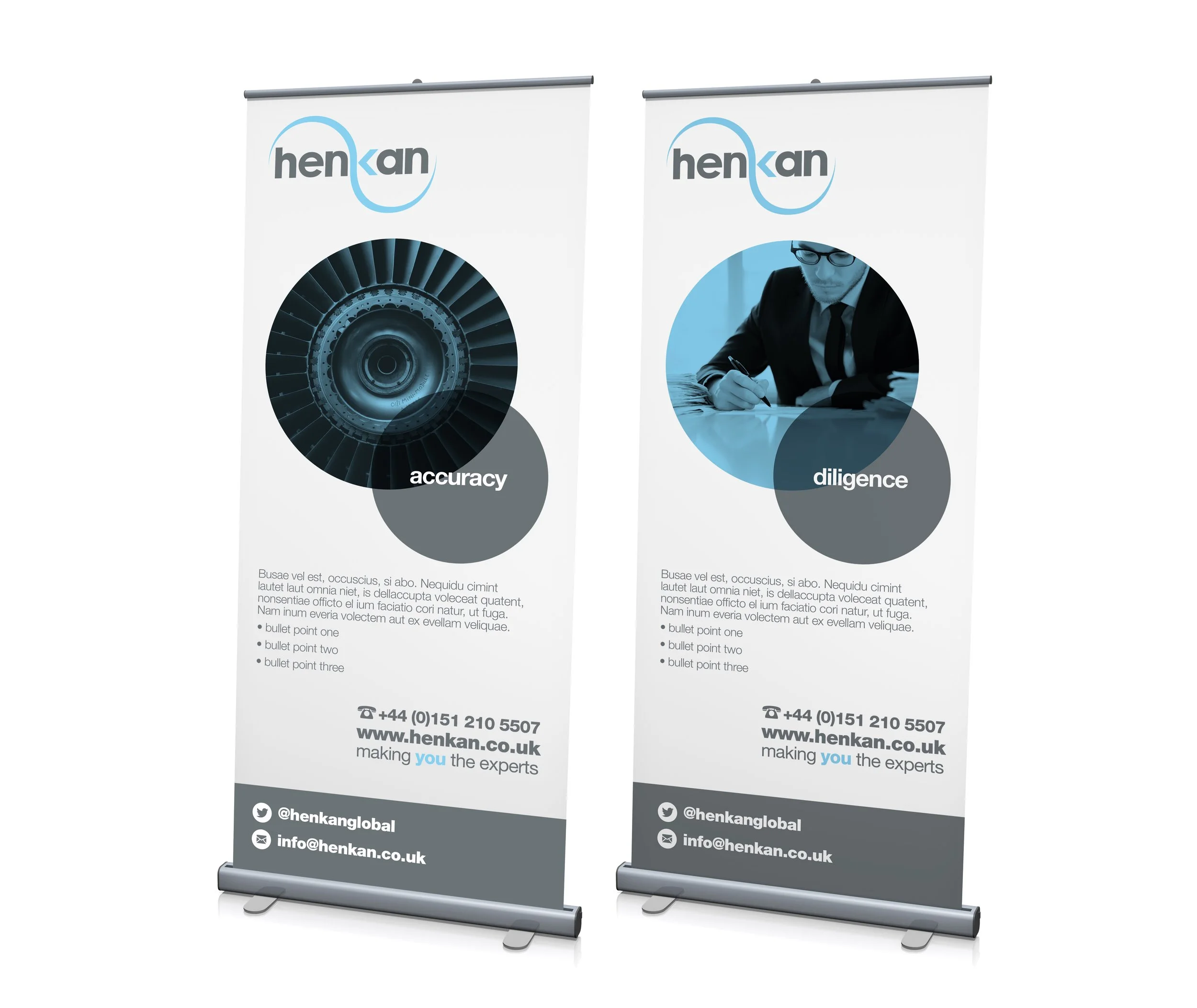 Two vertical banners displaying the company Henkan's logo, with one showing an image of a turbine and the word "accuracy," and the other showing a person in a suit with glasses and the word "diligence." The banners contain contact information, website, social media, and a slogan about making experts.