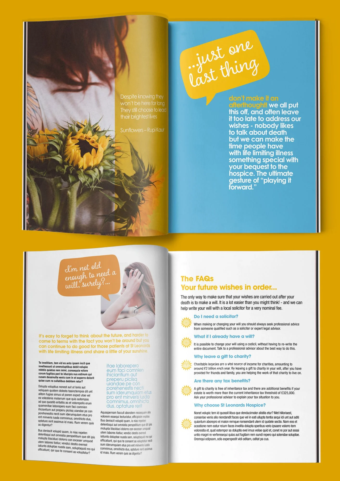 An open magazine showing two pages. The left page has a photo of a person holding a bouquet of sunflowers, and a quote by Rupi Kaur. The right page has a yellow text bubble with '..just one last thing' and a paragraph about hospice care. The bottom p