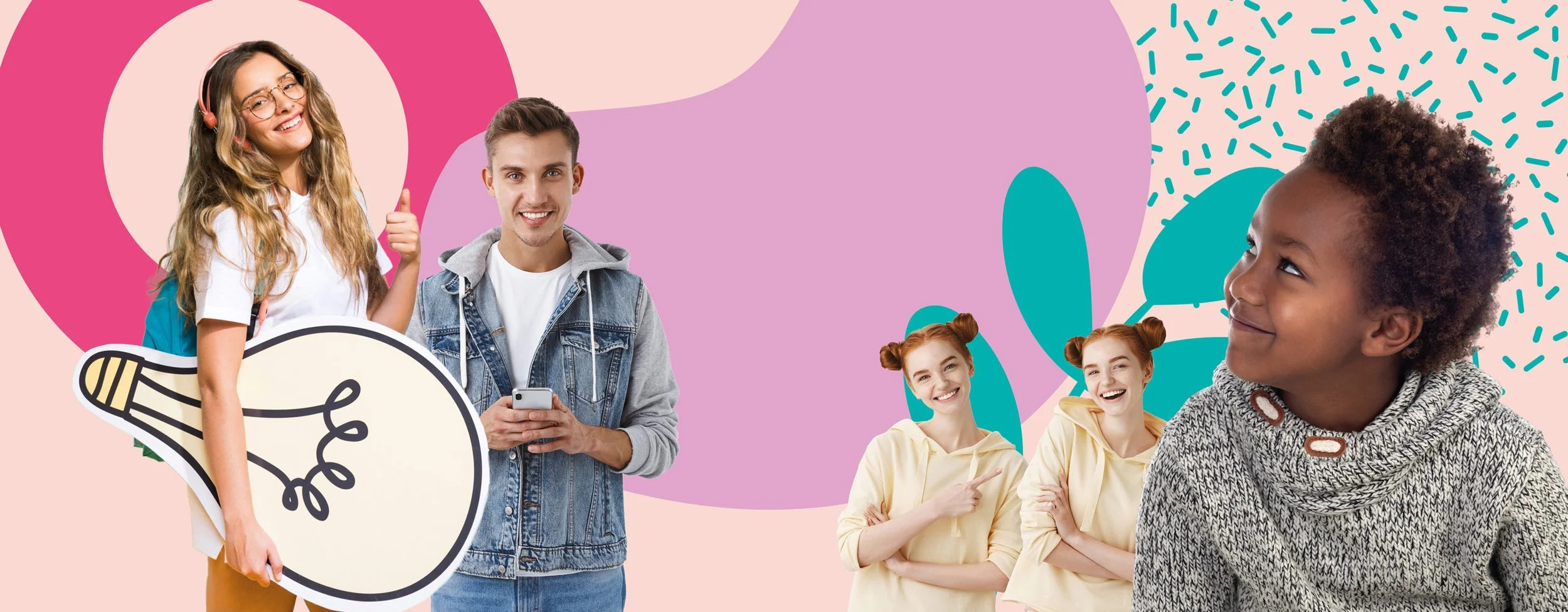Group of diverse smiling young people against colorful abstract background, with one holding a sticker of a lightbulb, indicating creativity and friendship.