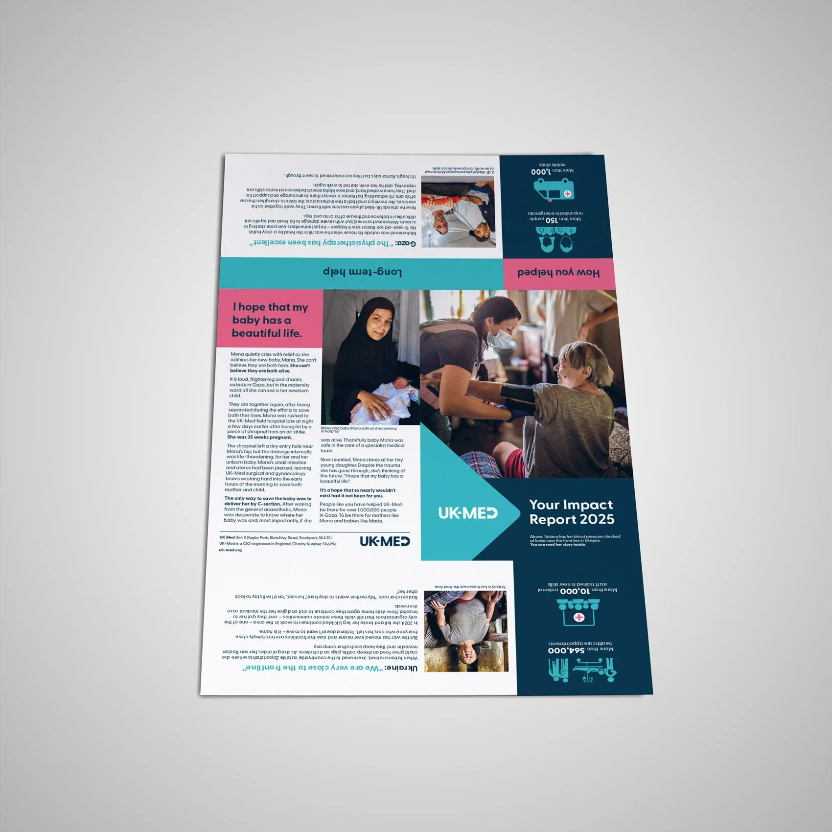 A printed brochure or informational flyer with blue, pink, and white sections, featuring images of healthcare and medical themes, including a healthcare worker and a child, and text regarding healthcare impact report.