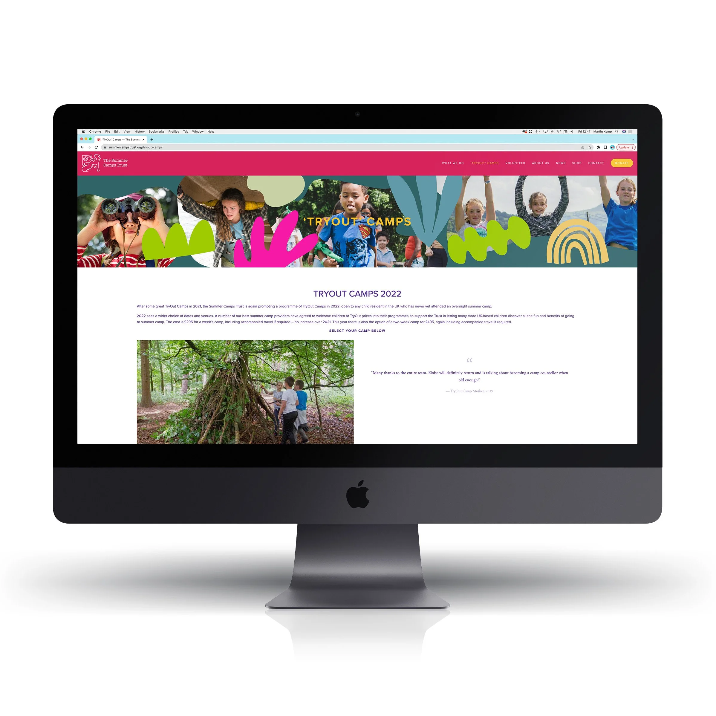 iMac displaying a webpage about tryout camps with colorful banners, photos of children in outdoor activities, and text about camp programs.