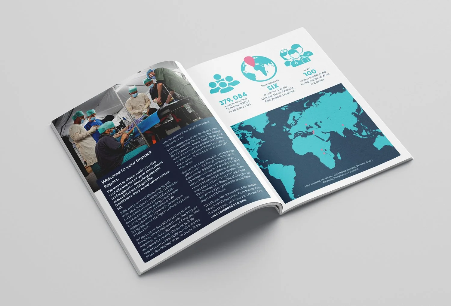 An open brochure featuring medical professionals in protective gear working at a temporary medical facility with a tent, alongside graphics showing statistics and a world map highlighting Gaza, Ukraine, Zimbabwe, Rwanda, Bangladesh, and Lebanon.