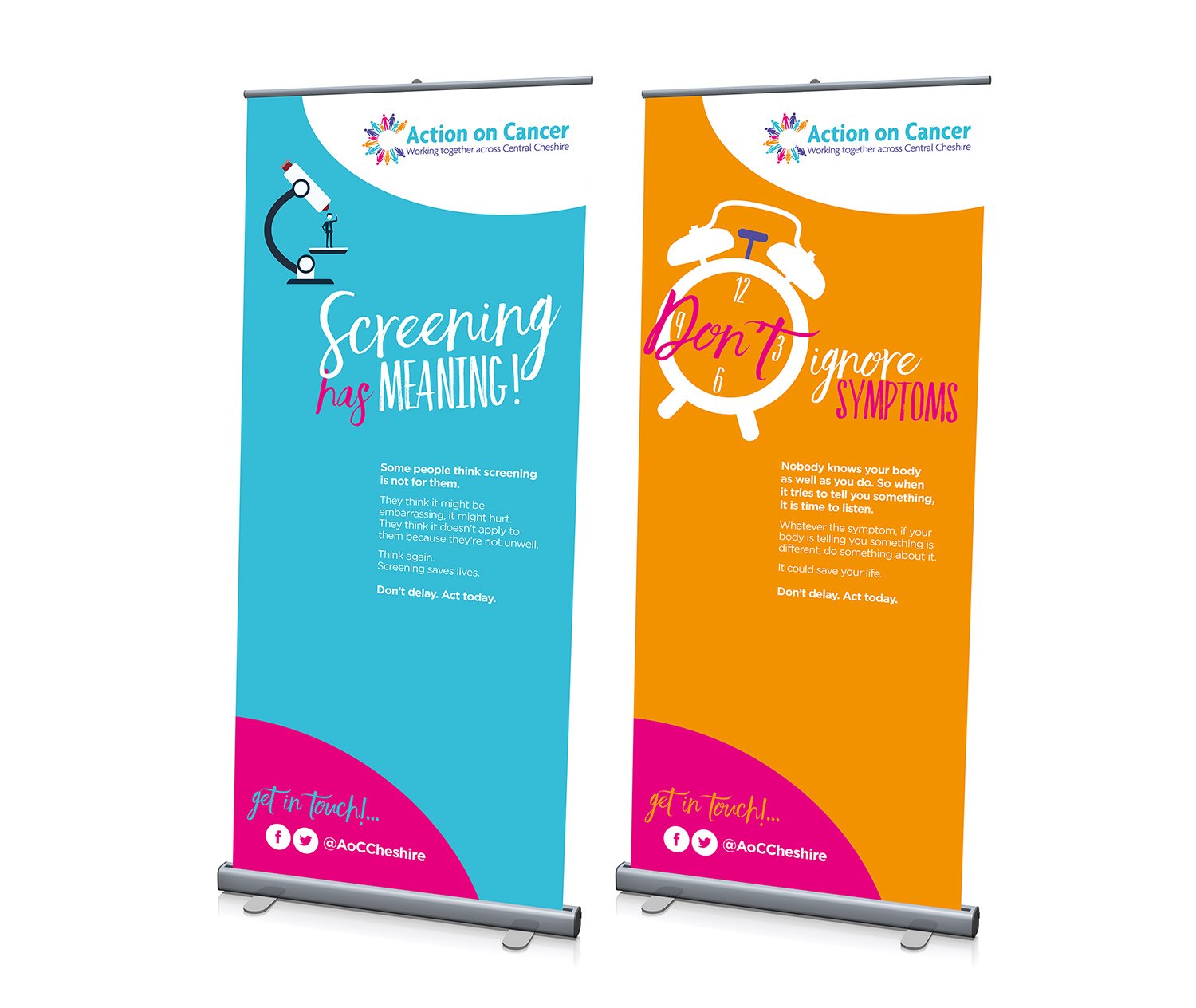 Two vertical banners promoting cancer awareness from Action on Cancer. The left banner, blue background, features a microscope graphic and the message 'Screening has MEANING!'. The right banner, orange background, features a clock graphic and the mes