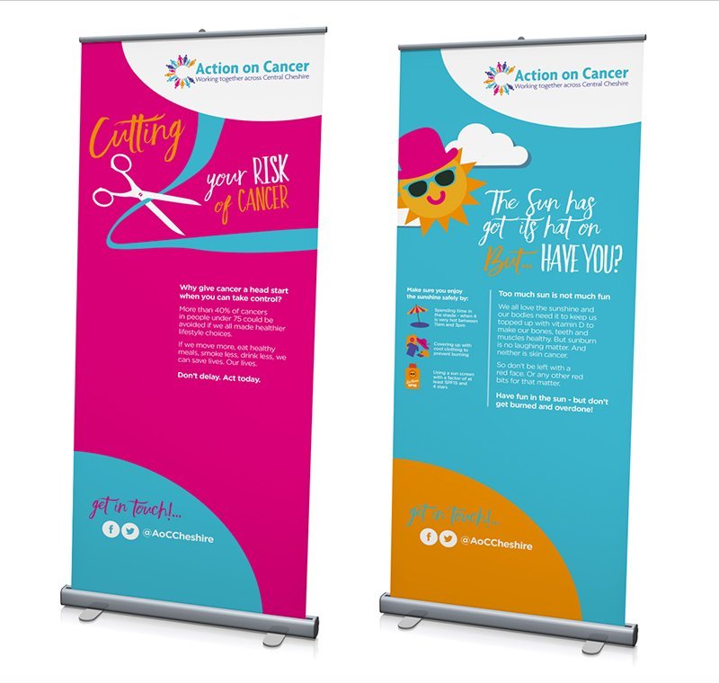 Two vertical banners from Action on Cancer, one pink and one blue, promoting skin cancer awareness and sun safety tips. The pink banner emphasizes cutting risks of cancer and taking control, while the blue banner features a sun wearing sunglasses and