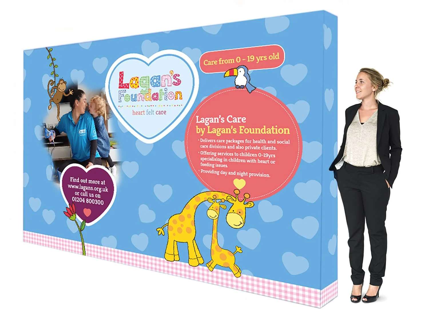 A promotional display for Lagan's Foundation featuring cheerful cartoon giraffes, a photo of a healthcare worker with a child, colorful hearts, and contact information, emphasizing care for children from birth to 19 years old.