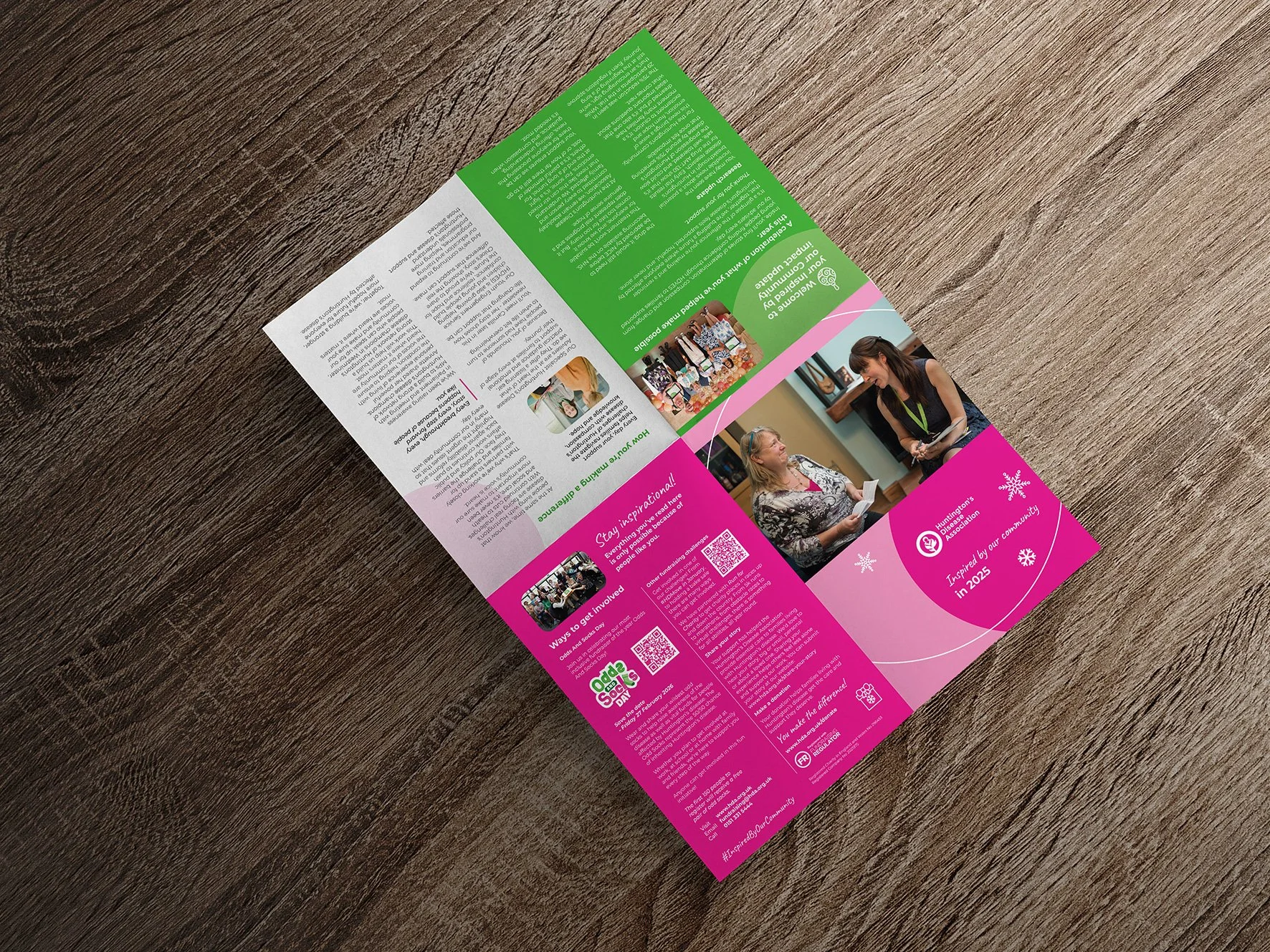 Colorful brochure with pink, green, and white sections, featuring photos of women and events, and text about community engagement and a festival.