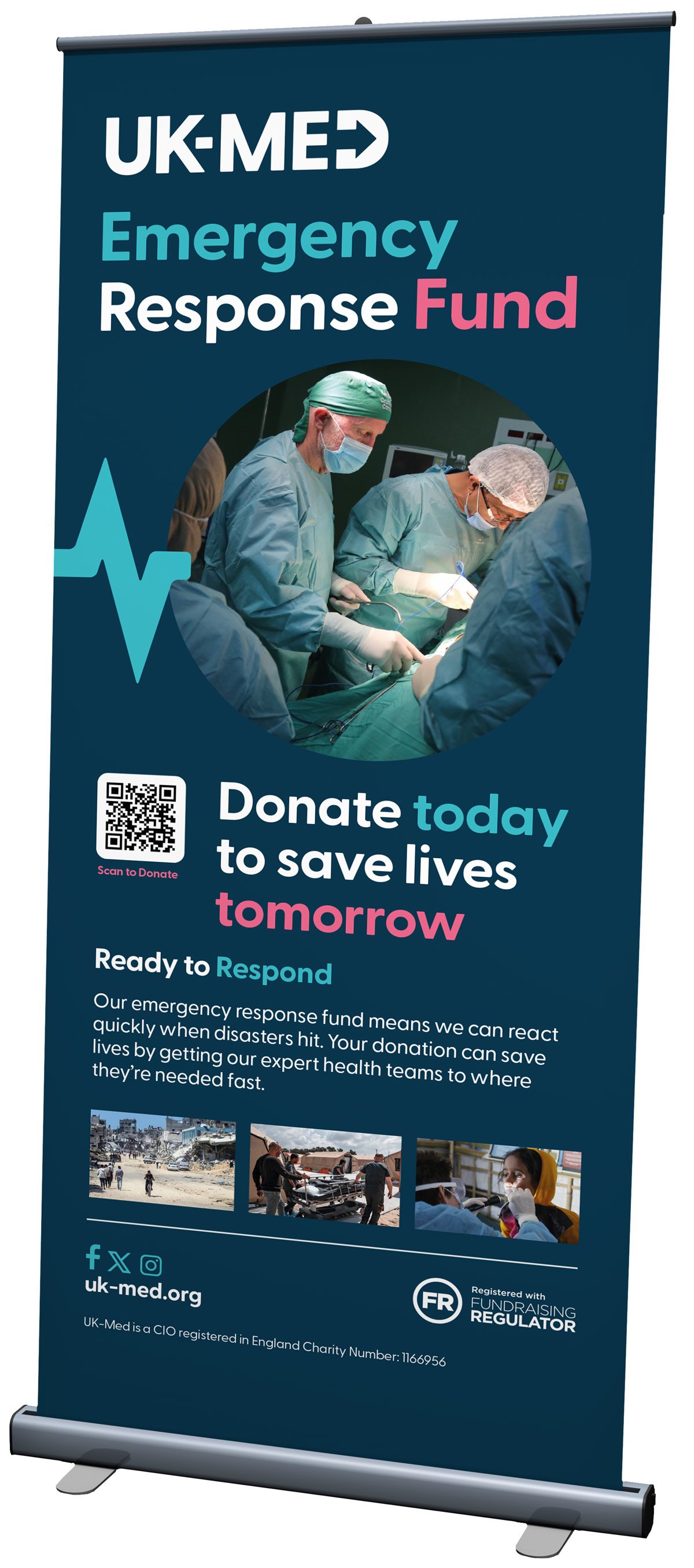 A blue emergency response fund banner with a photo of surgeons in an operating room and a QR code for donations. The banner encourages donations to save lives and respond quickly to disasters.